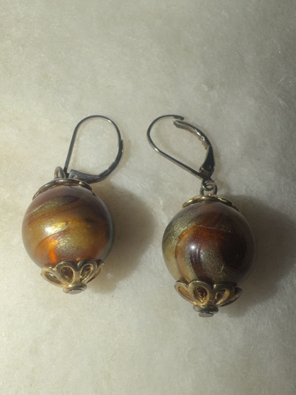 Handcrafted Iridescent Brown-Gold Glass Bead Drop Earrings